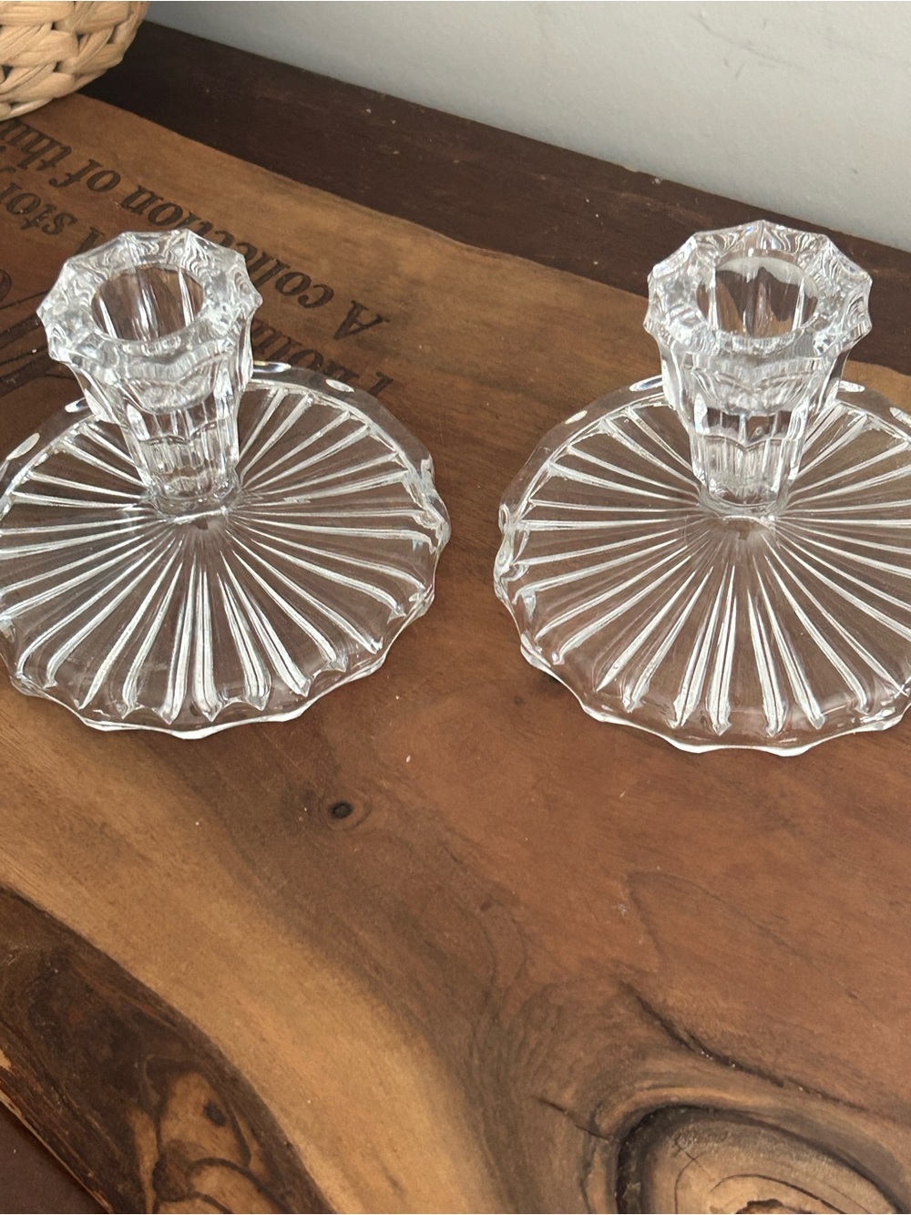 Pair of Crystal Lead Tapered Candle Holders Clear scalloped sunburst Pretty